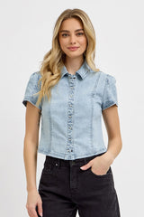 Button Down Short Sleeve Denim Shirt Light