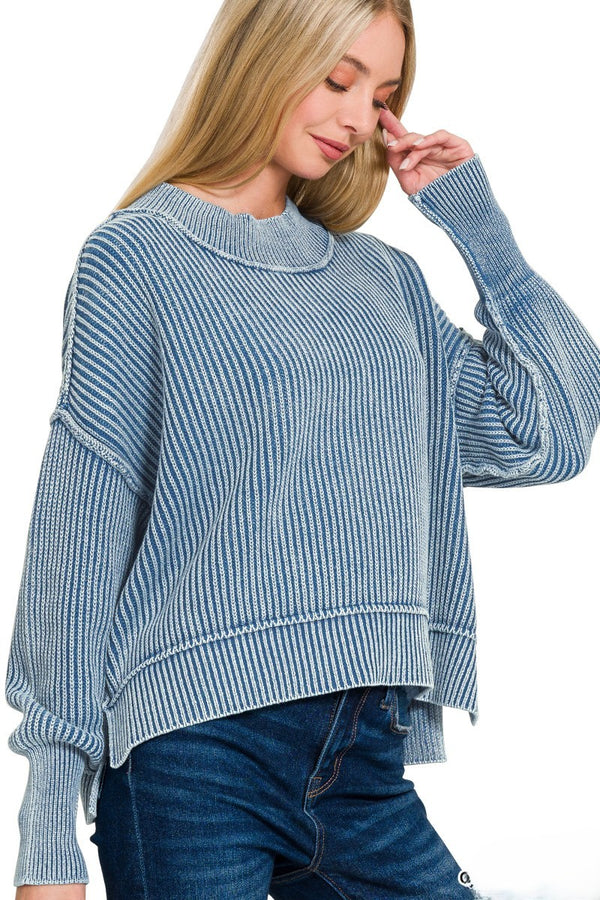 Washed Side Slit Oversize Cropped Sweater Classic Blue