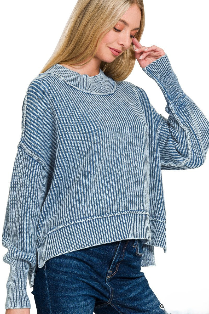 Washed Side Slit Oversize Cropped Sweater Classic Blue