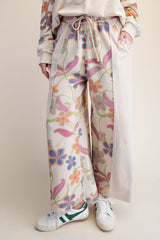 Floral Print Mix Washed Terry Pants Khaki
