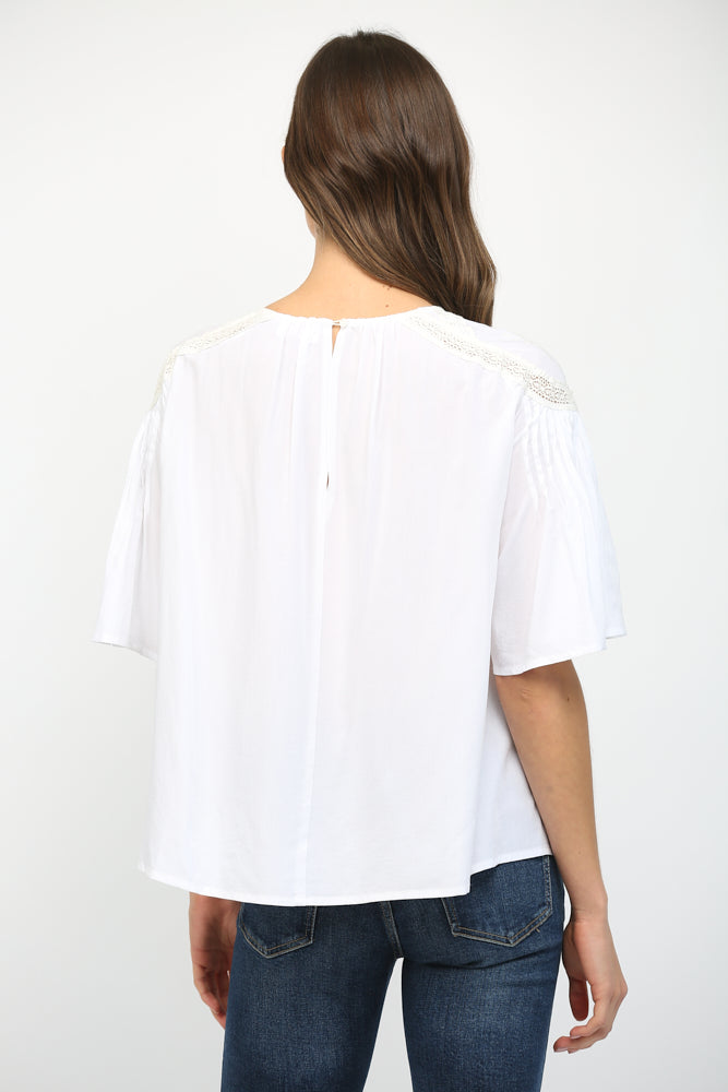Lace Trim Pleat Detail Flowy Blouse Off White