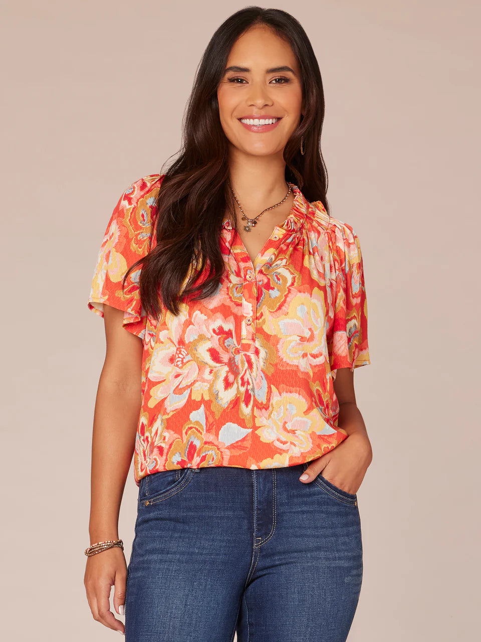 Flutter Sleeve Ruffle Edge Neck Floral Top Candy Red Multi