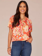 Flutter Sleeve Ruffle Edge Neck Floral Top Candy Red Multi