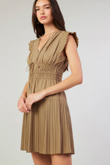 Pleat Details Tied Center Deep Vneck Mini Dress Latte