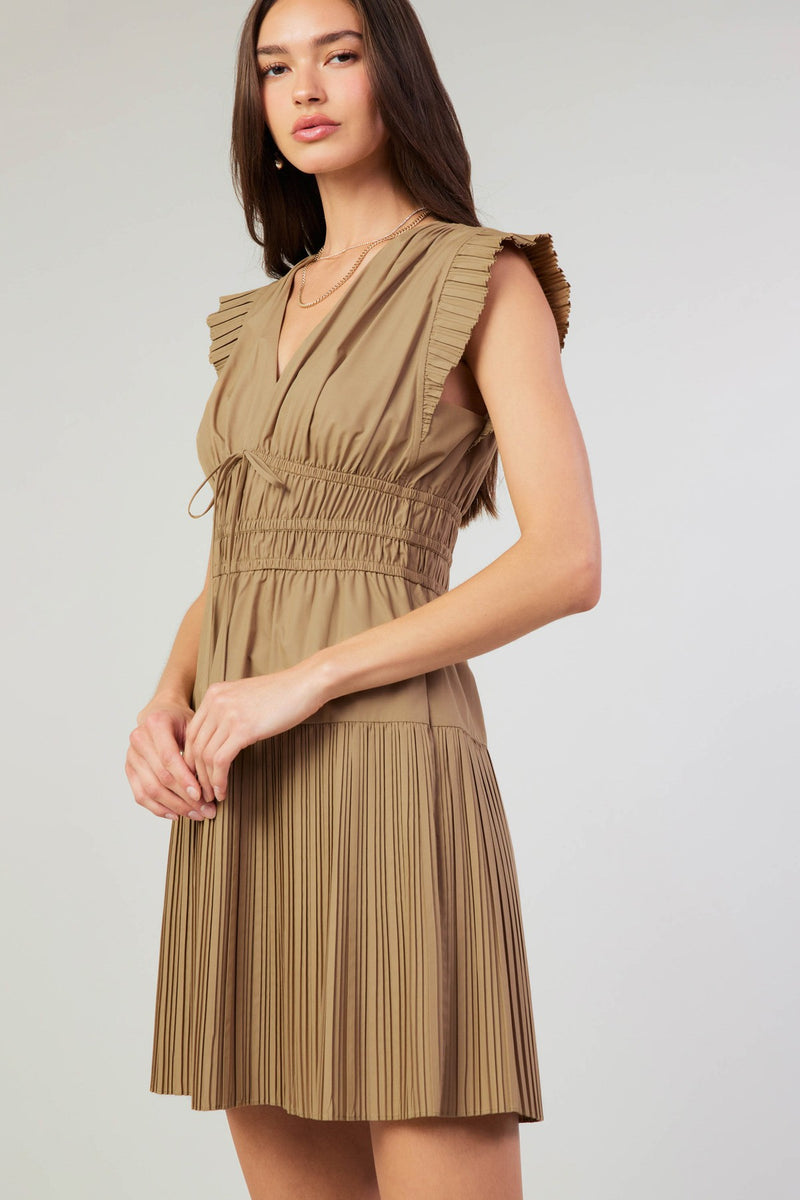 Pleat Details Tied Center Deep Vneck Mini Dress Latte