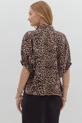 Leopard High Neck Stripe Accent Dolman Top Wine Mocha