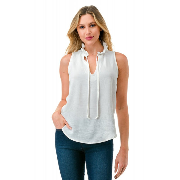 Crinkle Split Tie Neck Sleeveless Top Ivory