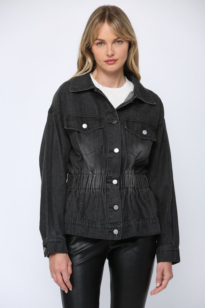 Gathered Waist Washed Denim Jacket Charcoal