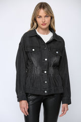 Gathered Waist Washed Denim Jacket Charcoal