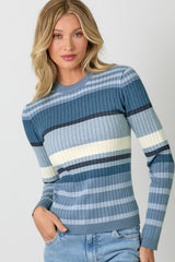 Colorblock Ribbed Stripe Sweater Top Blue + Grey
