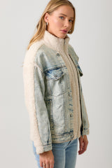 Washed Denim Mixed Zip Sherpa Jacket Cream + Denim