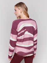 Wavy Print Reversible Dist. Hem Plush Sweater Burgundy