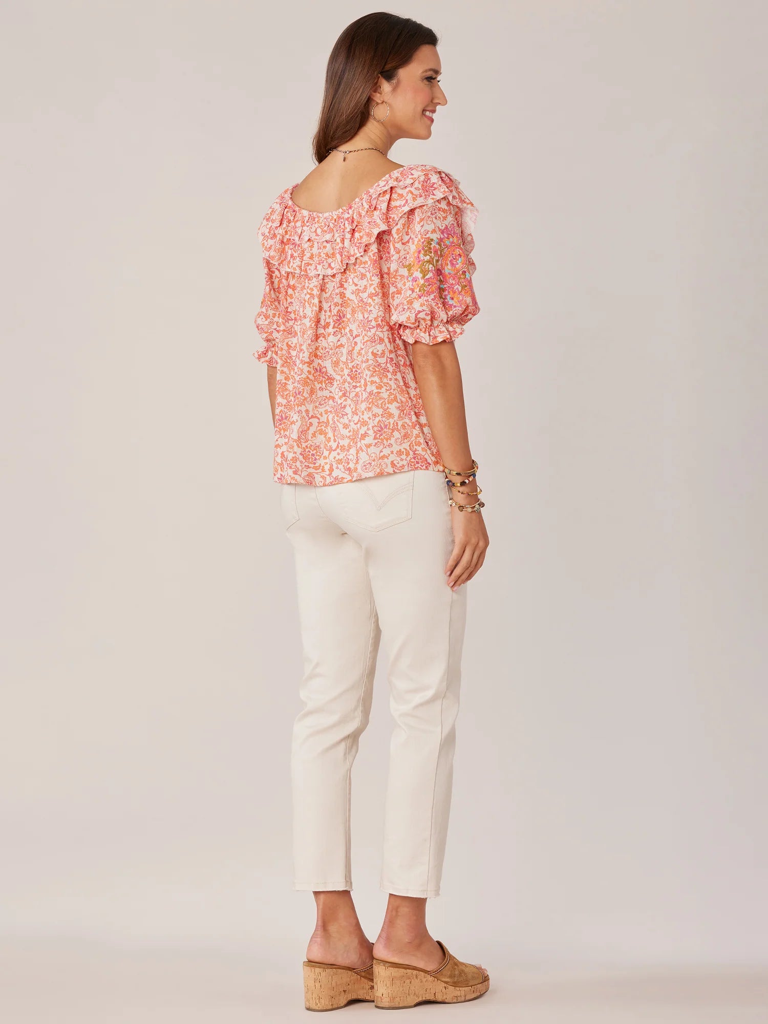 Vine Floral Double Ruffle Emb. Sleeve Blouse Nectarine Multi