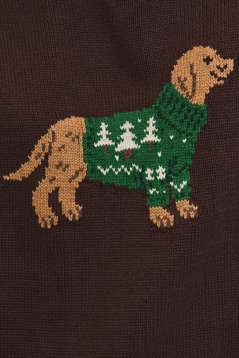 Crew Neck Christmas Dog Graphic Sweater Brown