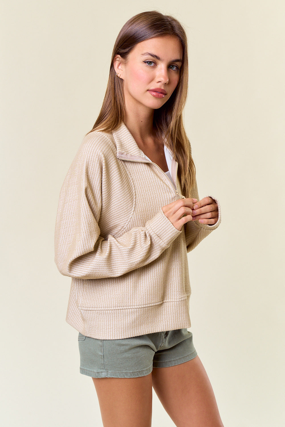 Stripe Textured Half Zip Up Sweatshirt Sand