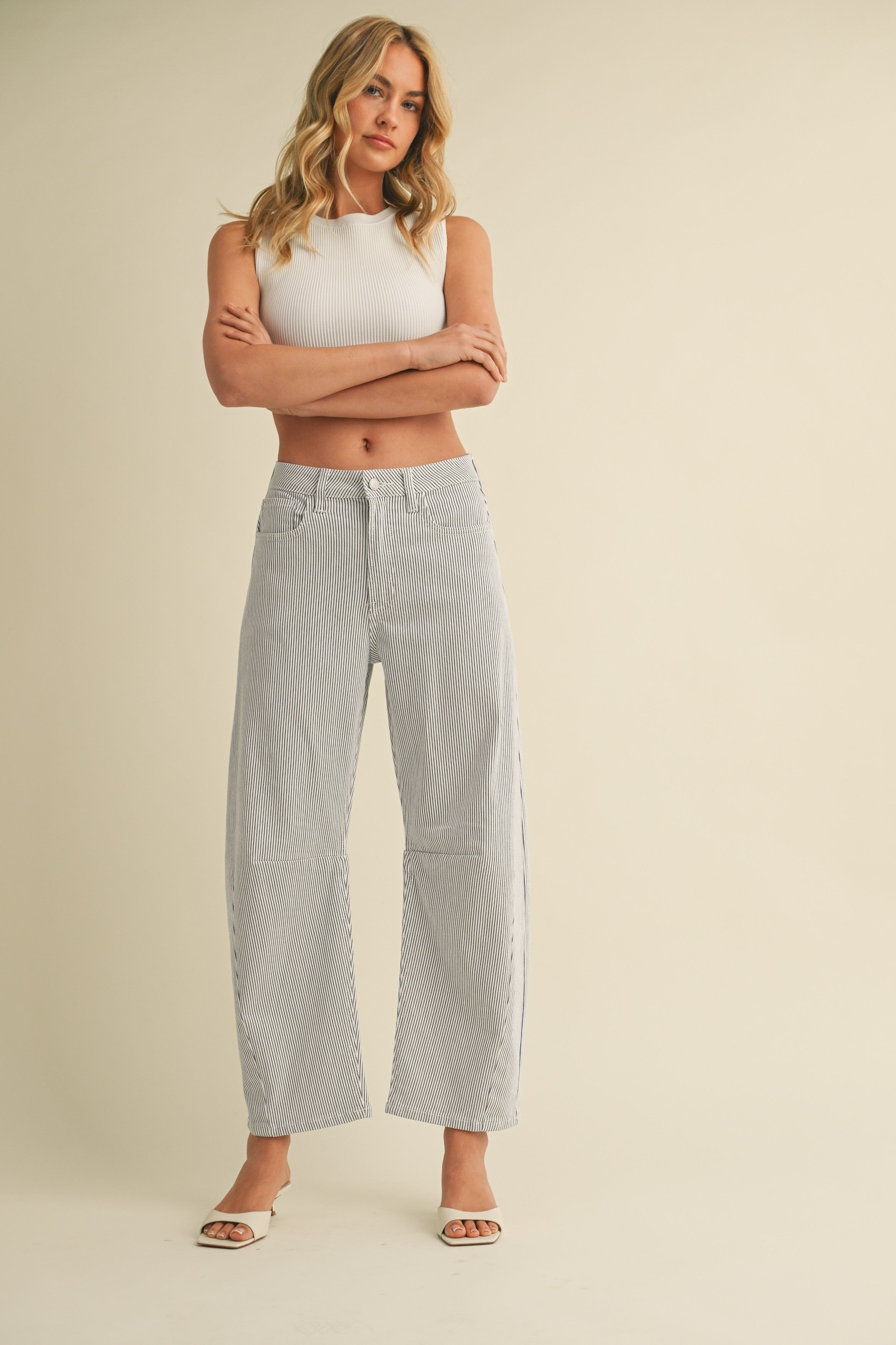 High Rise Micro Stripe Barrel Jeans Stripe