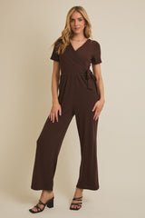 Surplice Short Sleeve Wide Leg Jumpsuit Brown