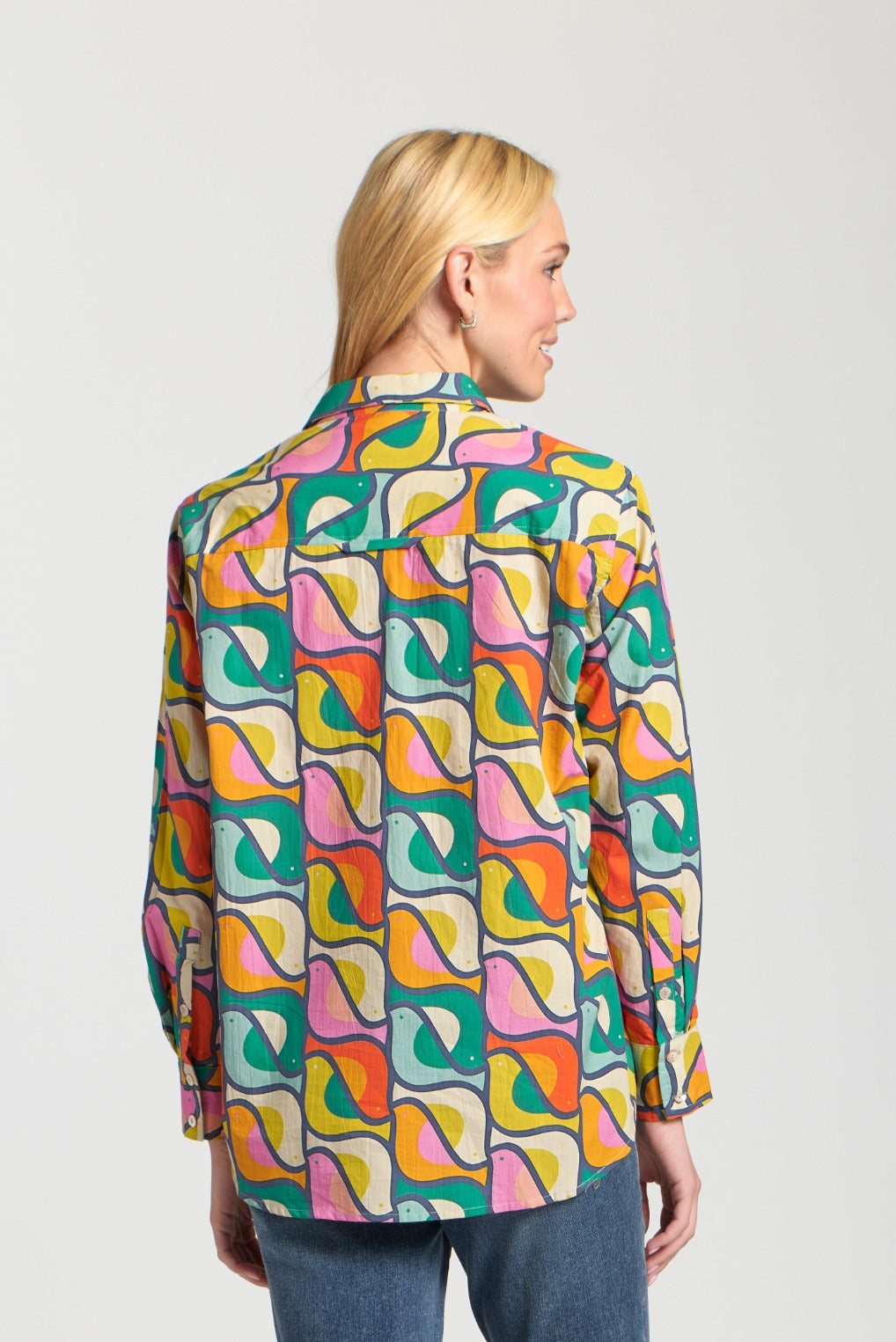 Printed Boyfriend Button Up Shirt Emerald Green Multi Birds