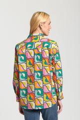 Printed Boyfriend Button Up Shirt Emerald Green Multi Birds