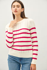 Cable Knit Striped Crew Neck Sweater Ivory + Red