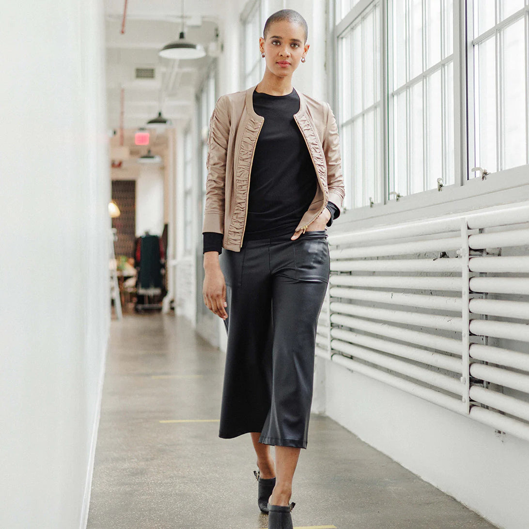 Ruched Details Liquid Leather Jacket Taupe
