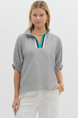 Stripe Pattern High Neck Band Detail Top Black