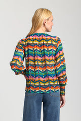 Smocked Cuff Elastic Neckline Printed Blouse Zig Zag Navy Multi