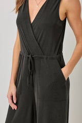 Modal Ribbed Surplice Tie Waist Jumpsuit Black`