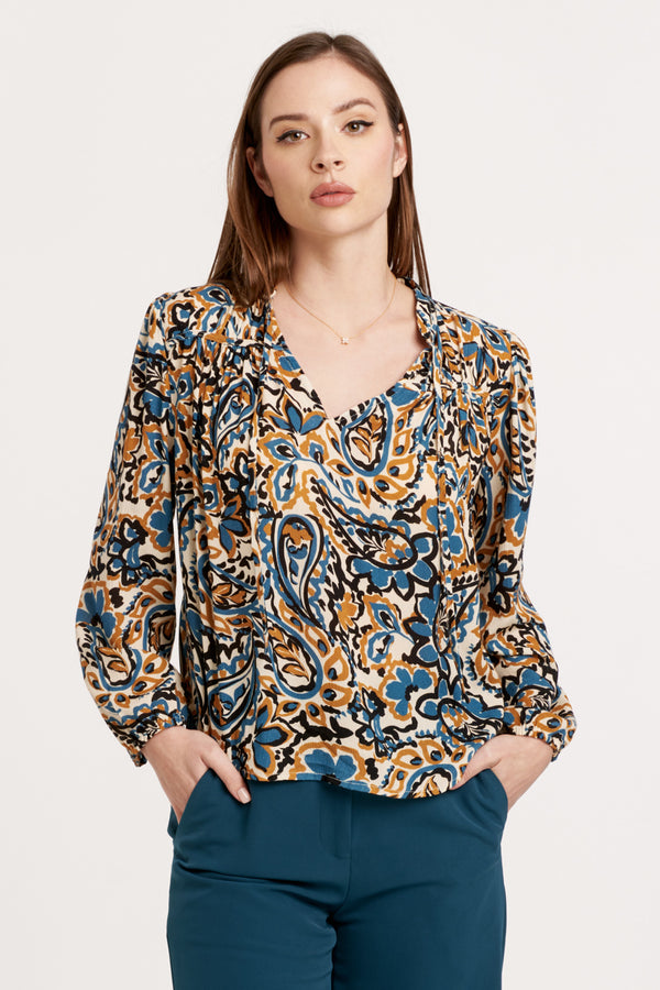 Yelena Tie Front Long Sleeve Top Autumnal Paisley