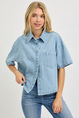 Oversize Half Sleeve Crop Denim Shirt Light