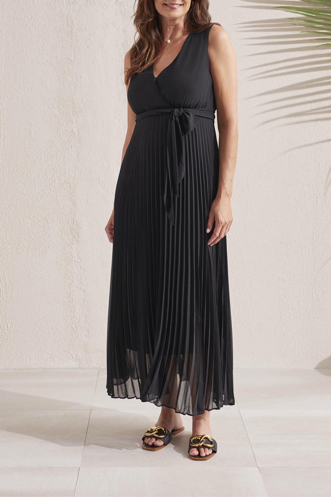 Sleeveless Tie Belt Plisse Skirt Maxi Dress Black