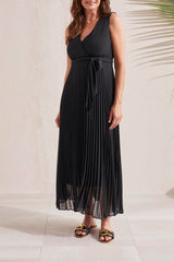Sleeveless Tie Belt Plisse Skirt Maxi Dress Black