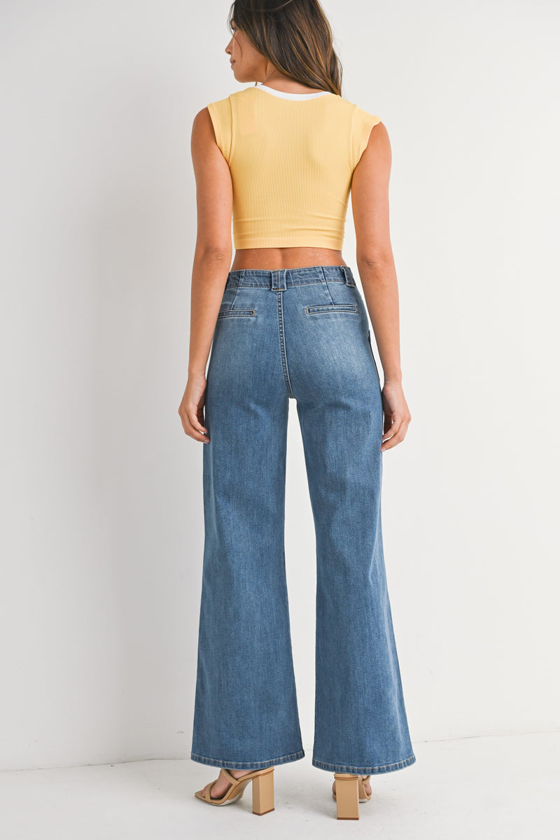 Patch Pocket Wide Leg Flare Jeans Medium Denim