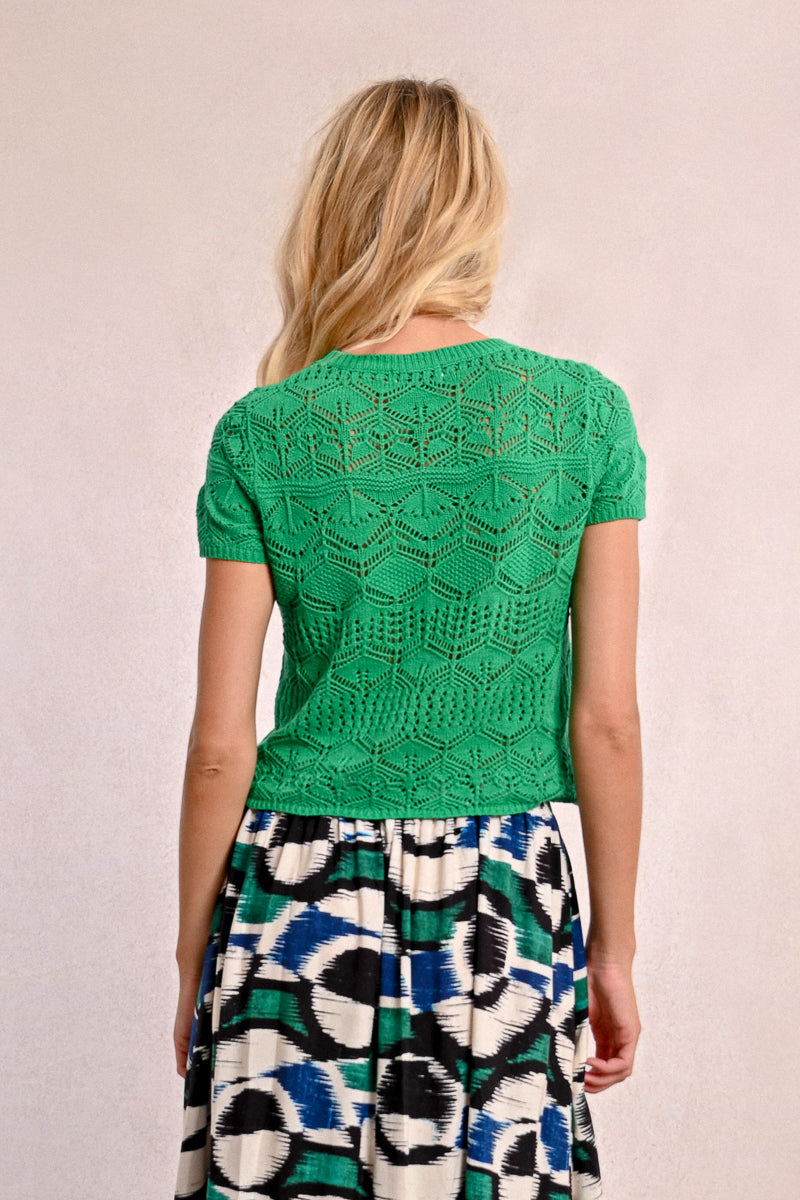 Open Crochet Knit Short Sleeve Top Green