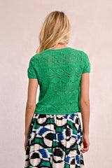 Open Crochet Knit Short Sleeve Top Green