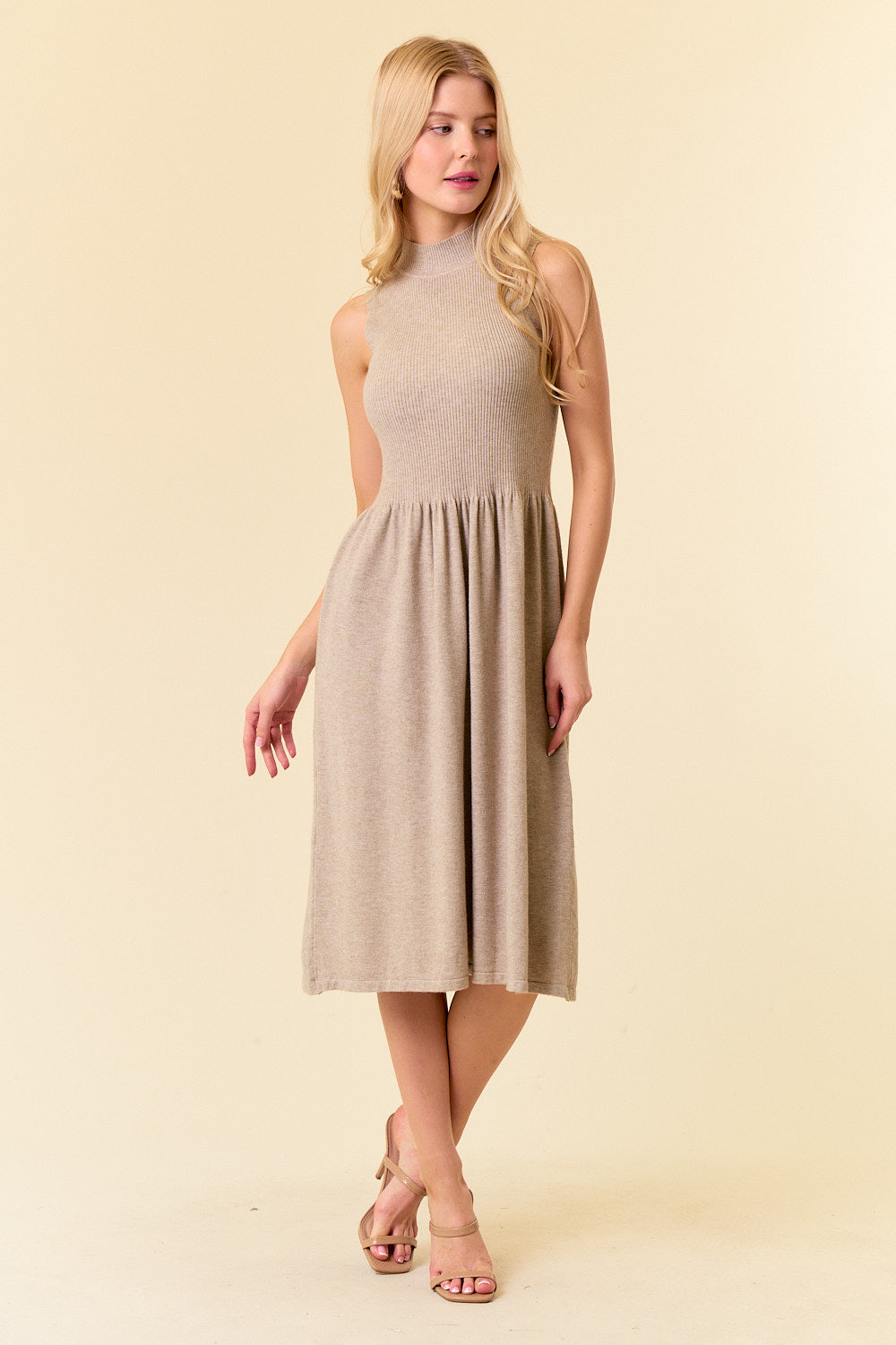 Mock Neck Sleeveless Sweater Midi Dress Oatmeal