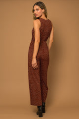 Faux Wrap Wide Leg Tied Waist Abstract Jumpsuit Brown