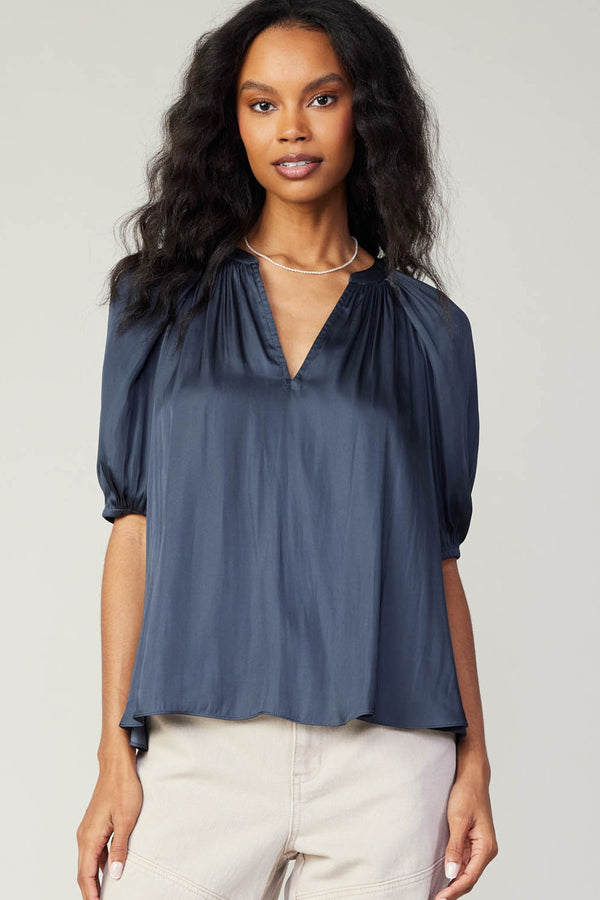 Gathered Detail Vneck Blouse Slate Navy