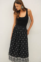 Embroidered Scallop Edge Midi Dress Black