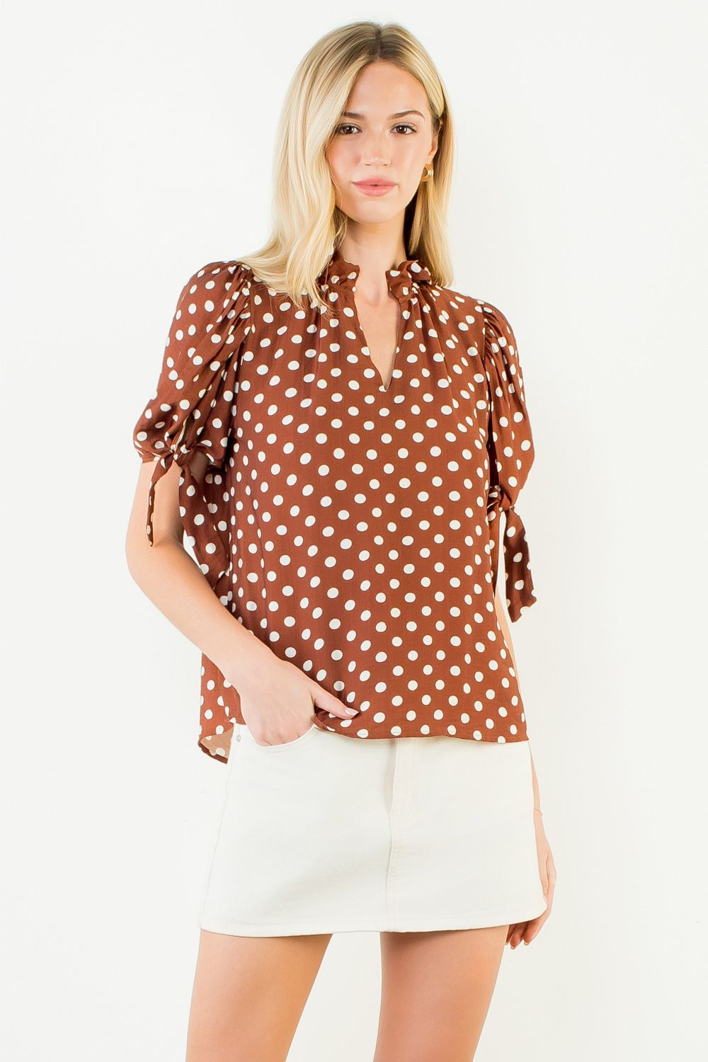 Tied Short Sleeve Polka Dot Top Brown