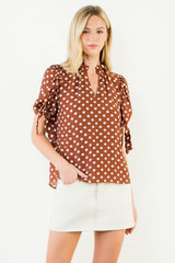 Tied Short Sleeve Polka Dot Top Brown