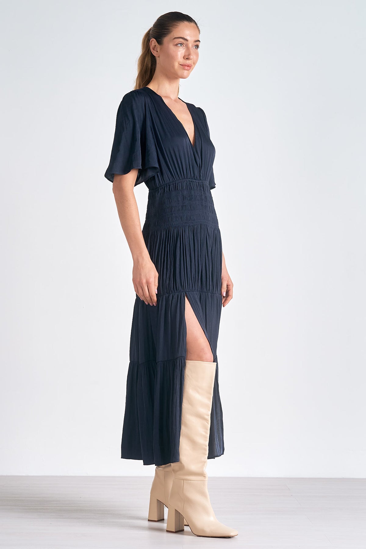 smocked bodice satin maxi dress Baltic Born Womens Southampton Smocked Maxi Dress | Jade Blossom