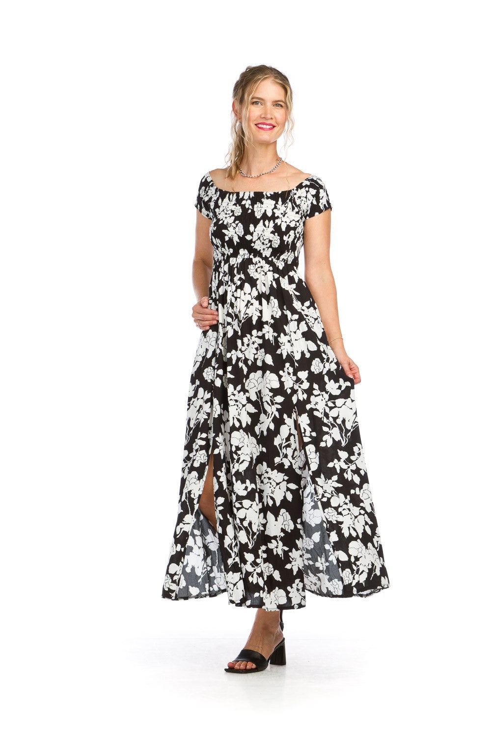 Drawn Florals Smocked Cap Sleeve Maxi Dress Black