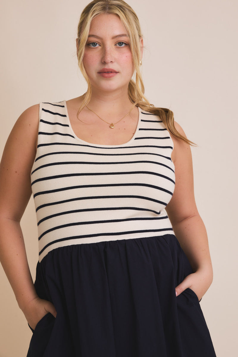 Knit Woven Mix Striped Scoop Neck Solid Skirt Dress Cream + Navy