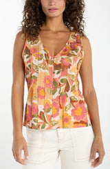 Pintuck Printed Woven Tank Tan Floral Multi