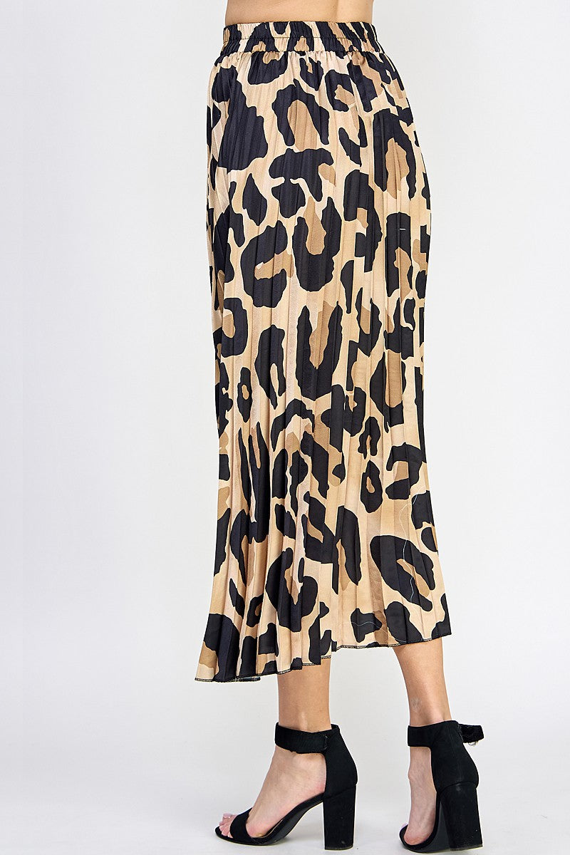 Leopard Print Pleated Midi Skirt