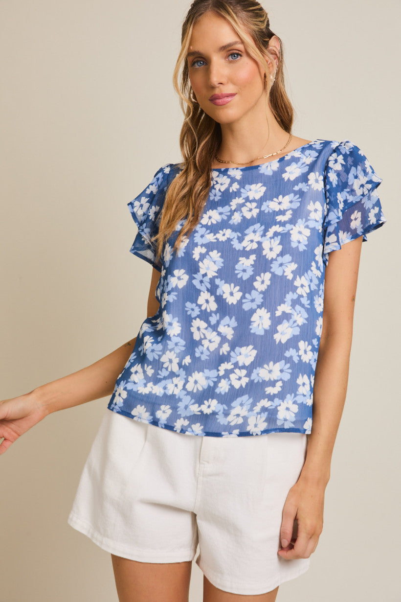 Double Ruffle Sleeve Floral Print Top Blue + White