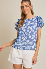 Double Ruffle Sleeve Floral Print Top Blue + White