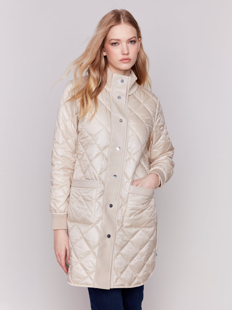 Leather Trim Reversible Quilted Puffer Jacket Champagne