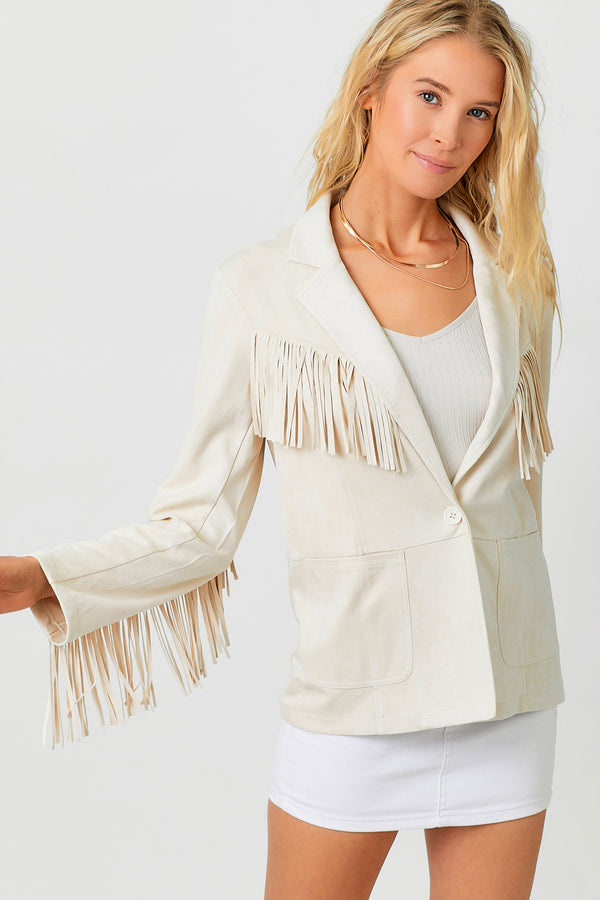 Suede Fringe Patch Pocket Blazer Ivory